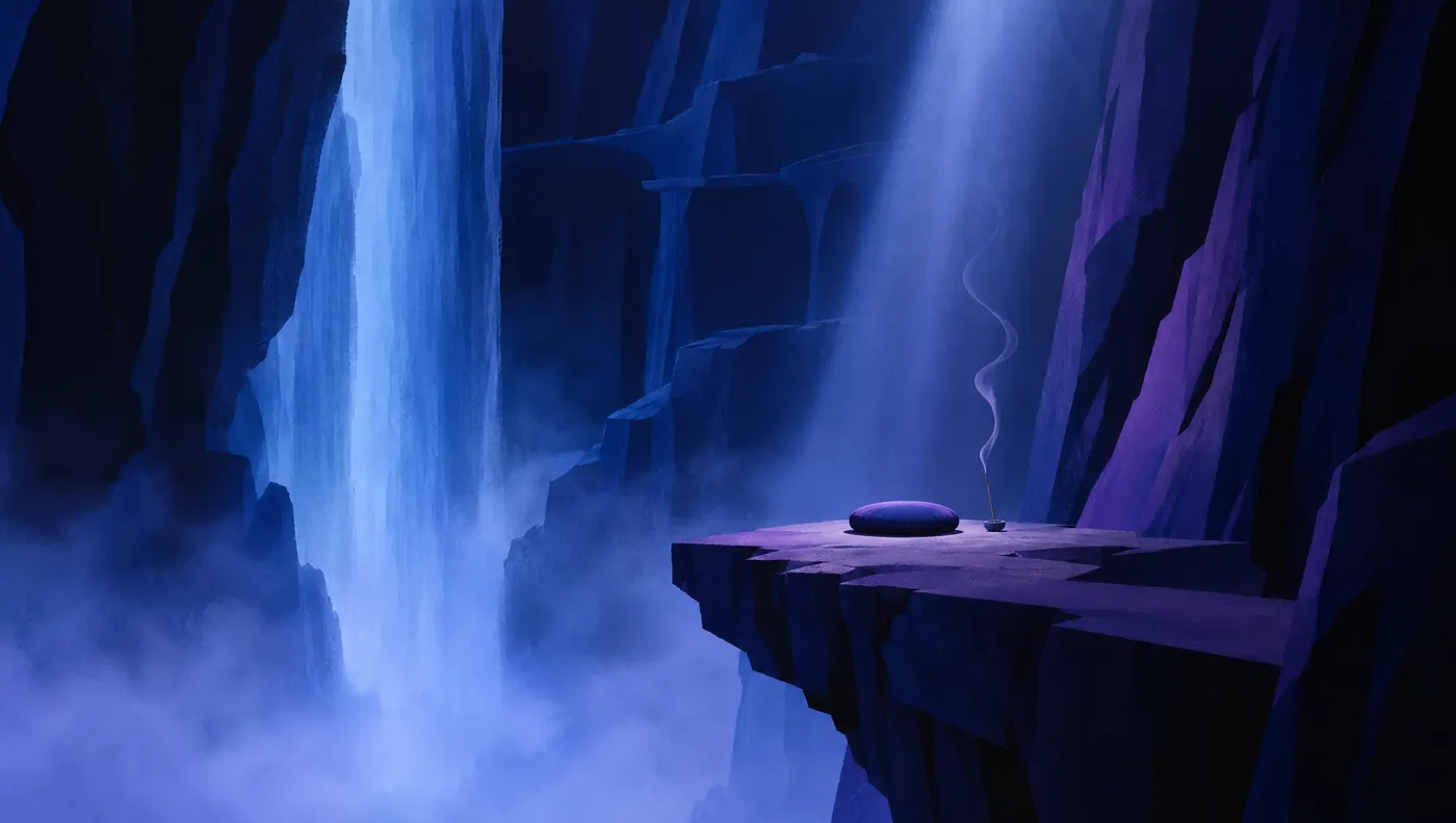 A meditation cushion on a ledge beside an underground waterfall